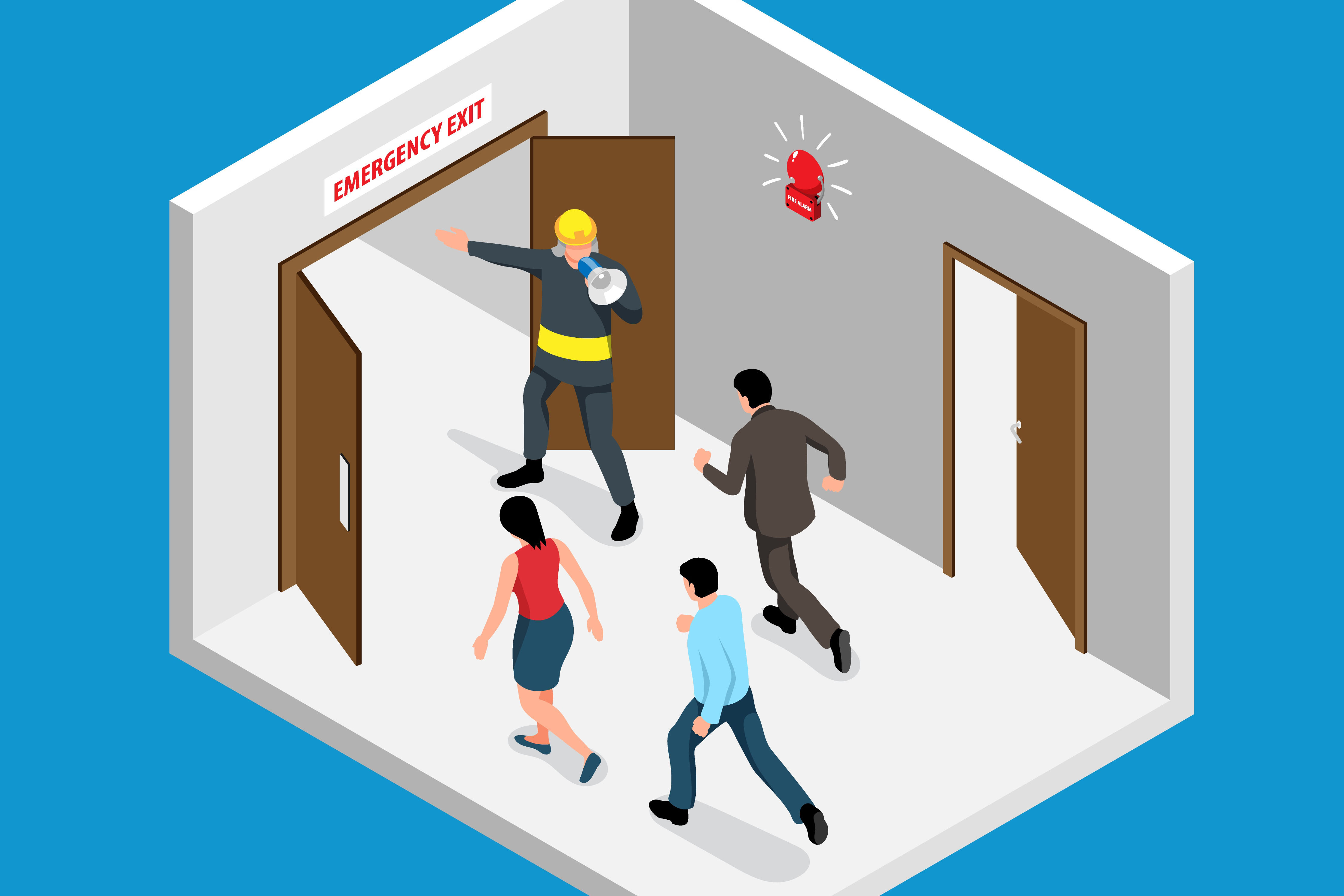 Illustration of emergency preparedness drill in an office building